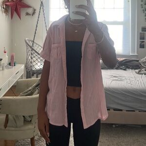 Pink Textured Stripe Button Up Short Sleeve Shirt
